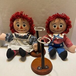 Raggedy Ann and Andy Dolls with Stands pancake face